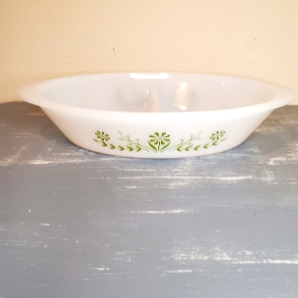 Vintage Glasbake Green Crazy Daisy Spring Blossom Divided Casserole Dish #J2352